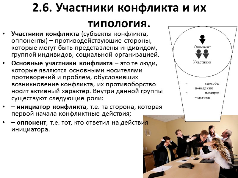 2.6. Участники конфликта и их типология. Участники конфликта (субъекты конфликта, оппоненты) – противодействующие стороны,